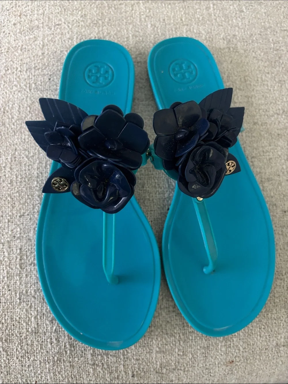 Tory Burch Turquoise Jelly Thong Sandals with Navy Floral Accents
